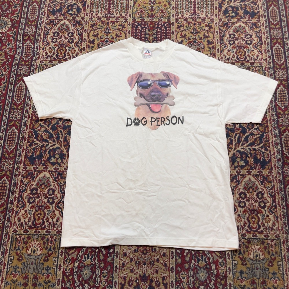 VTG 00s Funny Dog Person Graphic T Shirt White XL Mens Cool Dog Sunglasses Bone